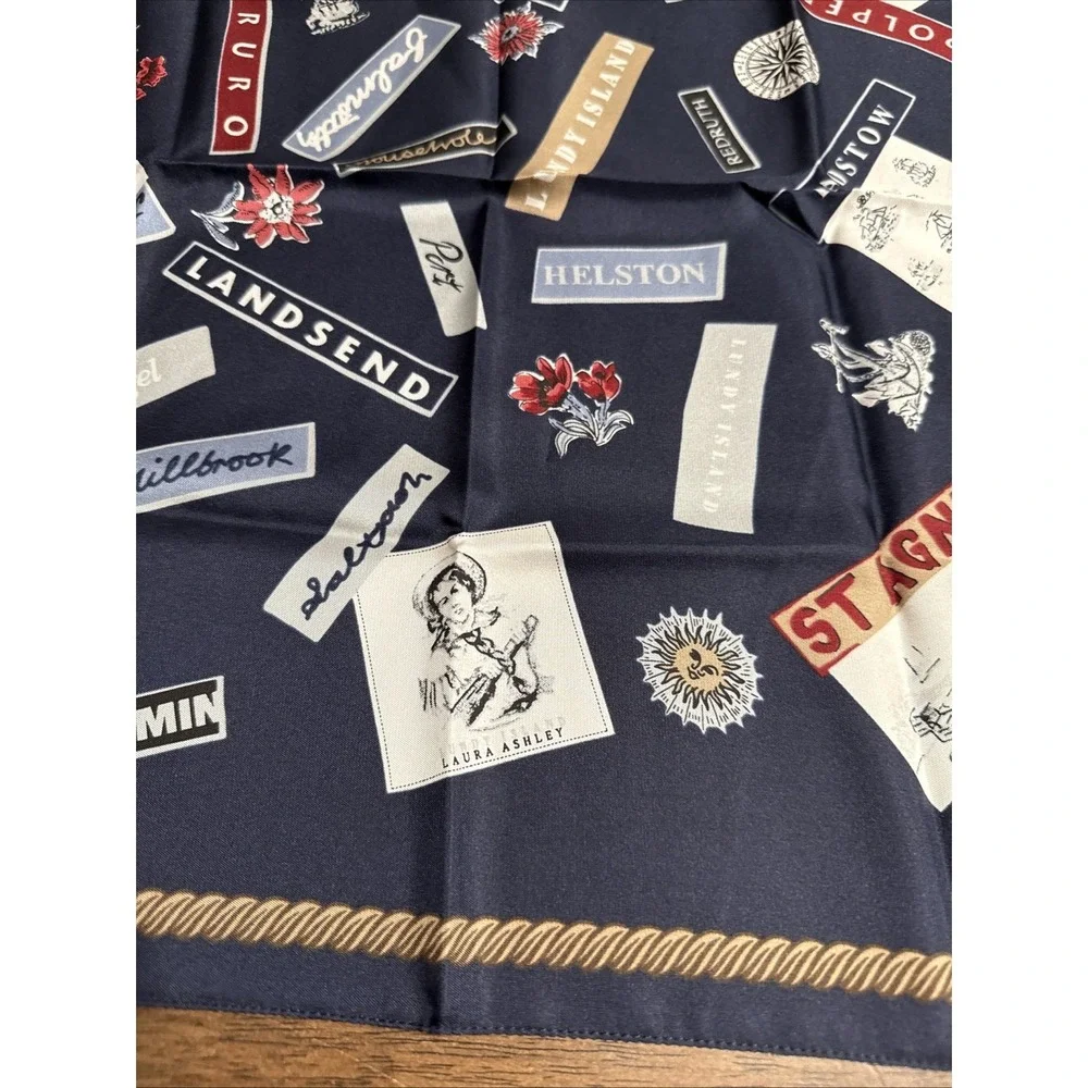 Laura Ashley Women's Silk Scarf Blue Postcard Travel Theme Cornwall‎ England